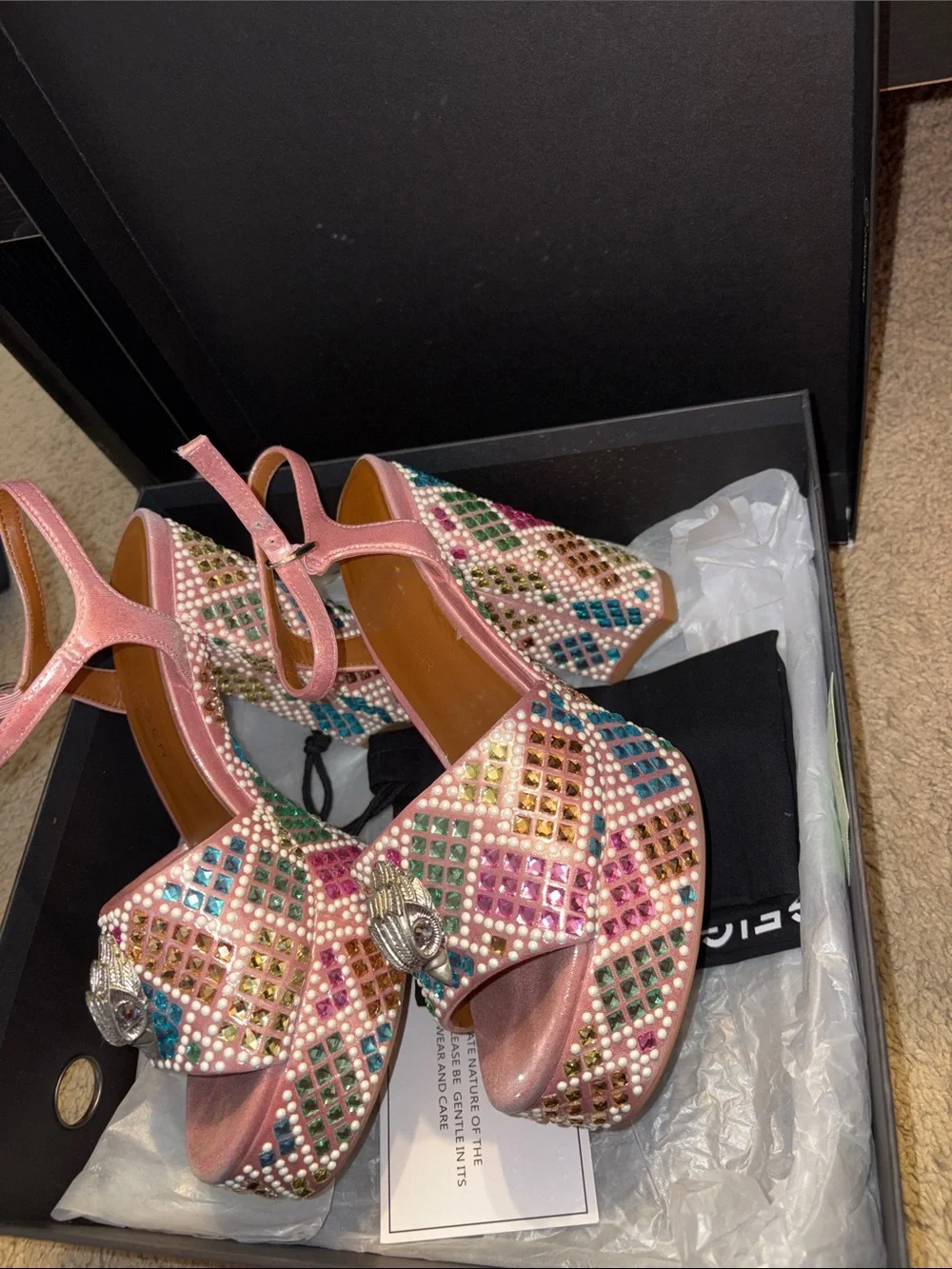 Kurt Geiger Pink Multicolor Crystal Embellished Platform Sandals